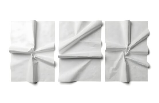 Three Abstract Textured Crumpled White Paper Sheets Showing Folding and Creases Isolated on a White Background