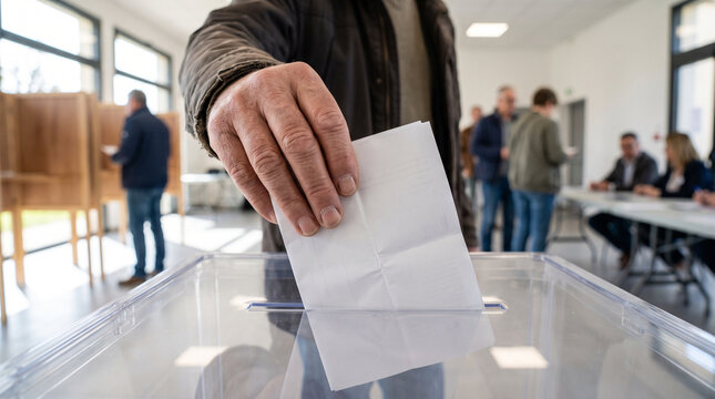 Close Up of Voter Casting Ballot into Transparent Ballot Box at Polling Station During Democratic Elections