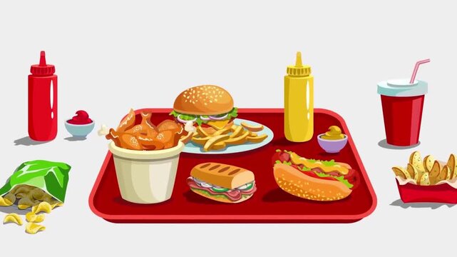 Fast food meal combo set with hamburger hot dog french fries and chicken wings video footage