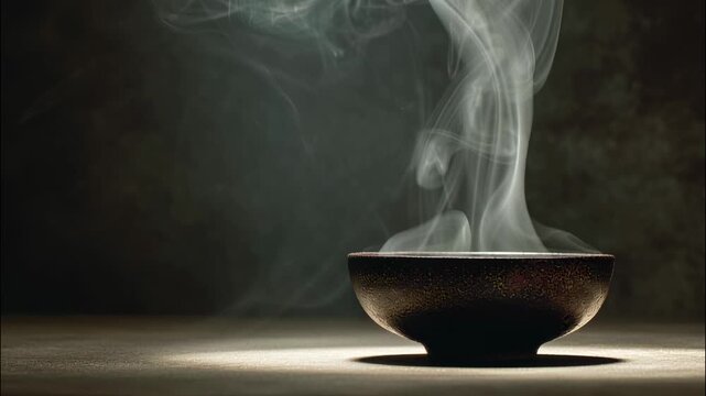Wfting steam rising from a rustic ceramic bowl on a table