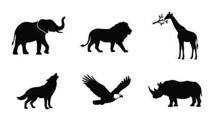 Obraz premium African Wildlife Silhouette Icons: Elephant, Lion, Giraffe, Wolf, Eagle, Rhino Vector Set