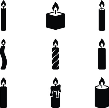 Burning wax candle icons set showing different shapes paraffin sticks and melting flame silhouette vector illustration.