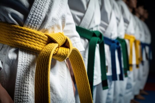 Close up of martial arts students in white gi uniforms. Focus on yellow belt in front row of karate class. Students wear different colored belts like green, blue, yellow for ranking. Group practice