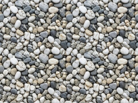 A high-resolution, seamless texture of natural white and gray river pebbles, creating a repeatable and smooth pattern for backgrounds, gravel, mineral, detail
