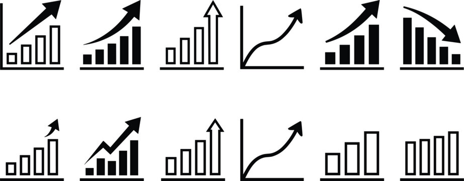 Financial analytics chart icons set showing upward success trends and downward loss graphs silhouette vector illustration.
