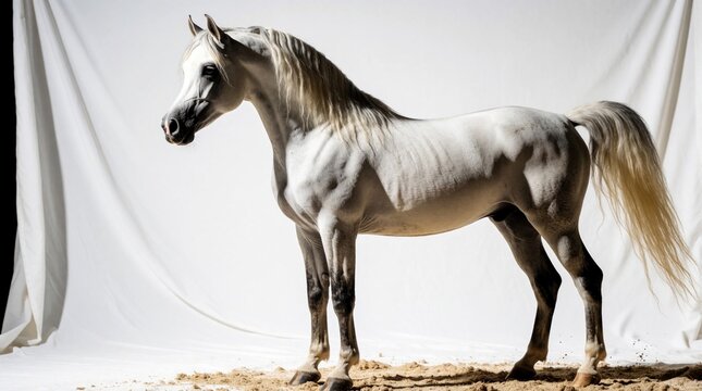 Majestic white horse stands calmly on light sand backdrop. The equine animal displays noble build and flowing mane tail. Perfect portrait for equestrian themes or beauty editorial work.