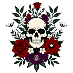 Fototapeta premium Floral Skull Illustration with Burgundy Roses and Dark Chrysanthemums