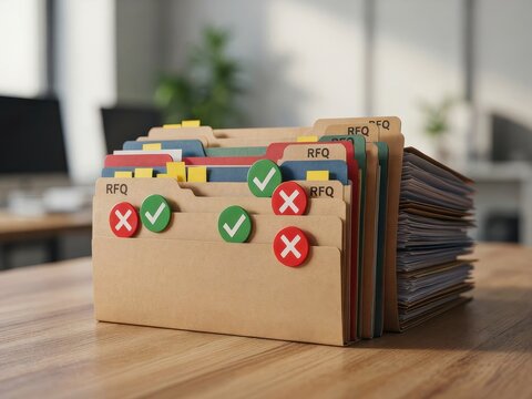 RFQ document folders on office desk, request for quotation files with checkmarks and cross icons, procurement and bidding process concept