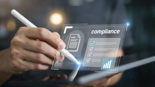 Business professional using digital tablet for compliance and regulatory document review