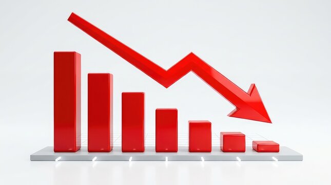 A prominent red arrow pointing downward overlaying a declining bar chart, showing negative financial trends and market losses over time, performance, failure, investment