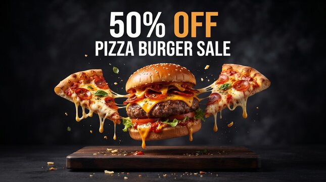 Juicy pizza burger combo displayed on wooden board during 50 percent off sale promotion