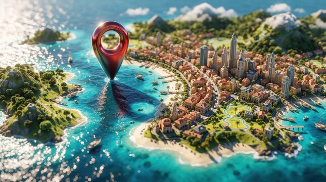 Miniature aerial view of fictional island city with tilt shift effect. Large red location pin marks spot on tropical coast. Tiny buildings, boats, turquoise ocean create surreal landscape. Imaginary