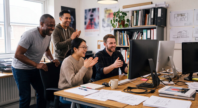Small diverse team reacting to good news around a desk in an ordinary office, genuine workplace celebration
moment