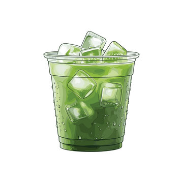 Watercolor matcha green tea with ice cubes vector