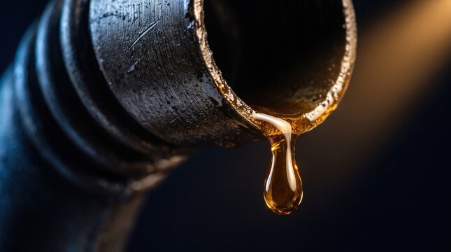 Industrial oil dripping from weathered metal pipe nozzle against dark background provides evocative concept for energy industry maintenance and resource extraction.