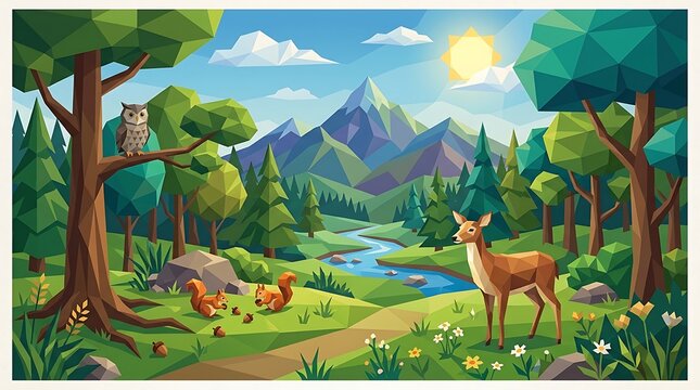 Geometric low poly nature landscape background with forest wildlife. Deer, owl, squirrel, mountain, river, forest