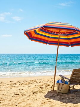A vibrant striped parasol offers shade on a sunny beach, with the blue ocean and soft golden sand creating a relaxed retro holiday scene, sand, travel, parasol