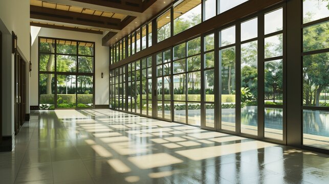 Spacious modern interior with large windows overlooking a lush garden and pool