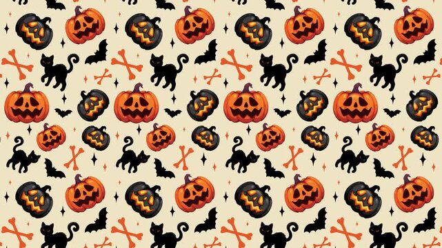 Seamless Halloween Pattern Loop with Glossy Pumpkins, Black Cats and Bats on Cream Background