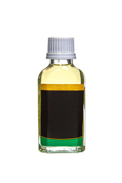 Glass bottle filled with yellow liquid isolated on white back