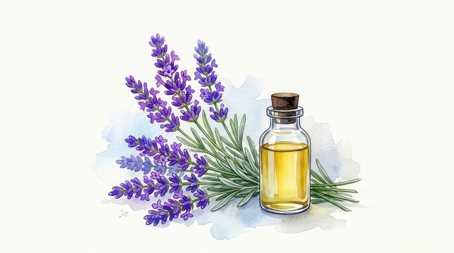 An artistic watercolor illustration showing fresh lavender sprigs, green leaves, purple flowers, and a small glass bottle of essential oil, art, bottle, green