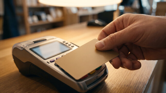 Hand tapping a gold contactless credit card on a wireless payment terminal reader to complete a purchase transaction in a store