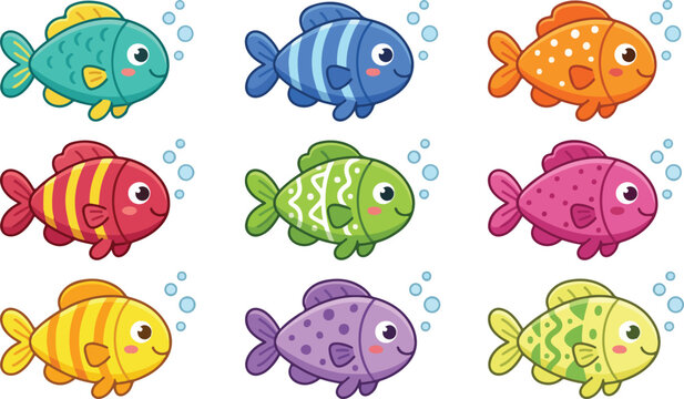 Colorful cartoon fish illustrations arranged in a grid on a white background