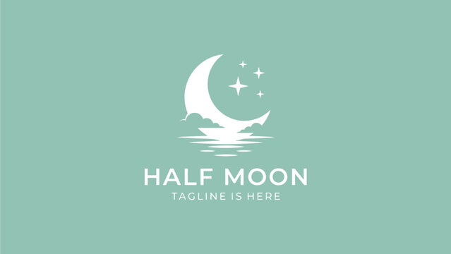 Minimalist white crescent moon logo design featuring sparkling stars and calm water reflections on sage background
