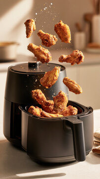 Crispy Chicken Wings Flying from Air Fryer