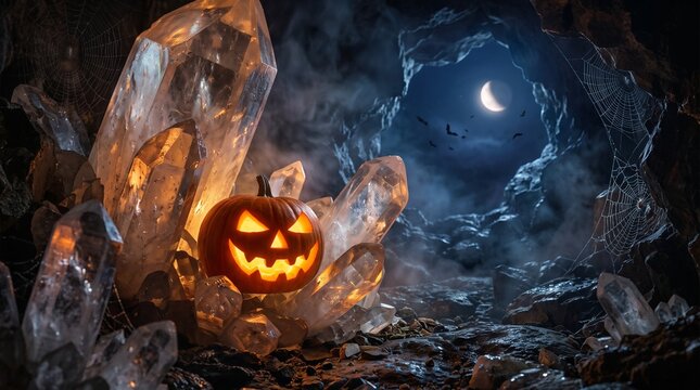 A carved glowing jack o lantern sits nestled among jagged translucent quartz crystals inside a dark rocky cave, illuminated by a crescent moon visible through the cavern entrance with flying bats