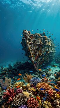 Breathtaking mystical underwater world scene featuring vibrant coral reefs and a barnacle-covered shipwreck resting on the deep ocean floor, anemones, marine life, ecosystem