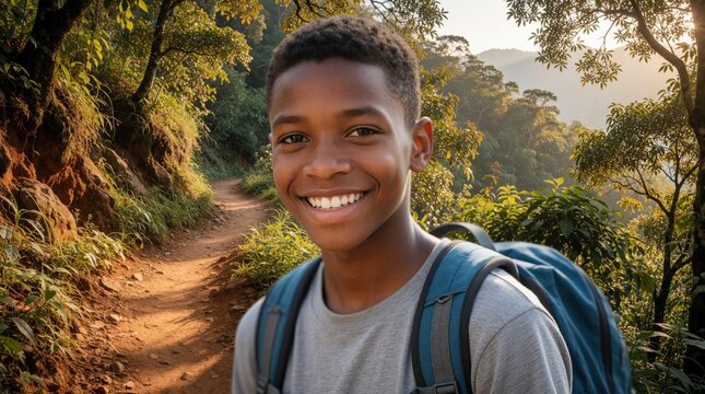 Smiling African teenage boy wears backpack hiking on forest trail. Happy black male youth explores nature path surrounded by green trees, mountains. Young student enjoys outdoor adventure, active
