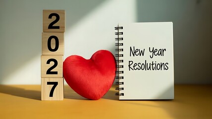 New year resolutions concept with wooden blocks showing 2027 and a red heart next to a spiral notebook on a warm yellow surface background