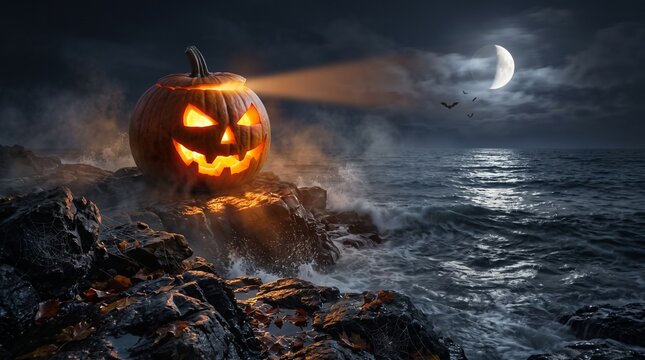 A large carved jack-o-lantern functions like a lighthouse on dark rocky coastal cliffs at night, projecting a beam of light across turbulent ocean waters under a moonlit sky