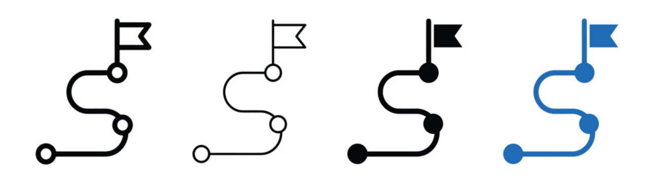 Roadmap vector icon set with checkpoints and flags representing project milestones, goals, and business strategy
