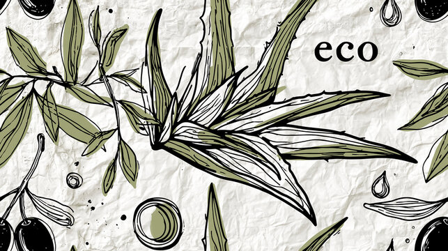 Seamless pattern of aloe and olive branches on a crumpled paper texture.