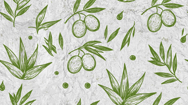 Seamless pattern of aloe and olive branches on a crumpled paper texture.