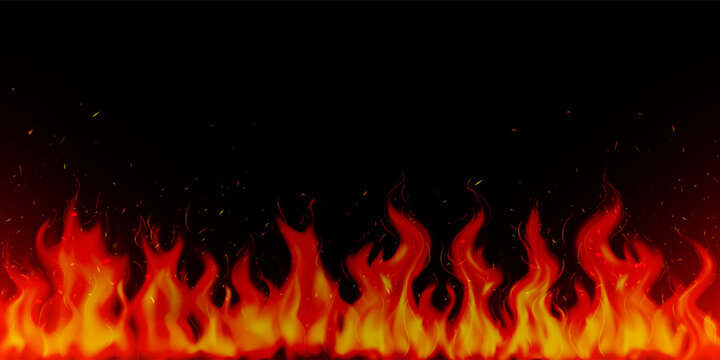 Realistic Fire Flames on Black Background with Bright Orange and Yellow Glow