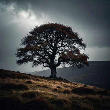 Lone autumn tree on a hill - late autumn landscape