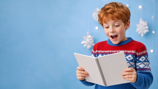 Surprised red haired boy holding open blank notebook on blue winter background. Child reading Christmas wishlist. Copy space