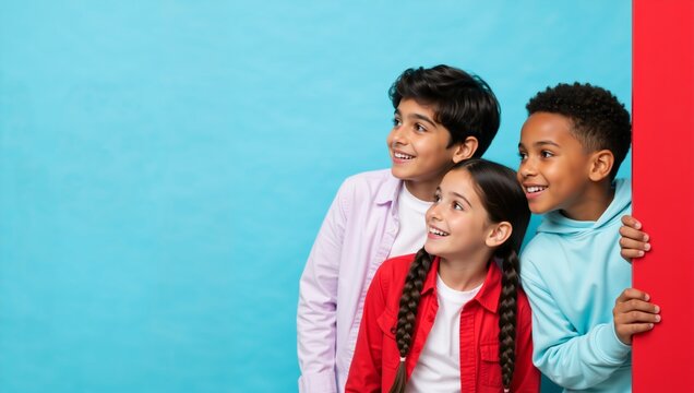 Diverse happy children peeking from behind red wall on blue background. Group of multiethnic kids looking curious. Copy space