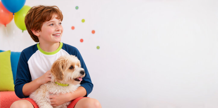 Smiling boy hugging cute puppy indoors. Happy child holding pet dog with colorful party balloons in background. Copy space for text