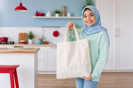Smiling muslim woman in hijab holding blank canvas tote bag in modern kitchen. Eco friendly shopping and zero waste concept. Mockup for design