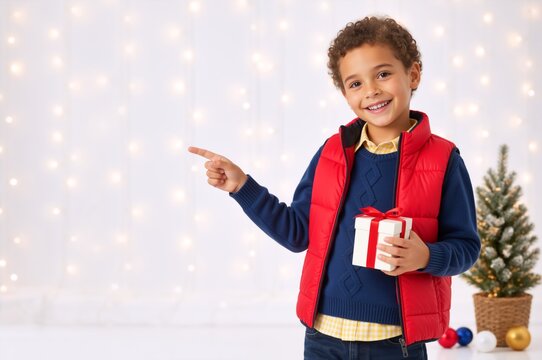 Happy boy holding Christmas gift and pointing finger at copy space. Child presenting holiday sale or promo offer. Festive background with lights