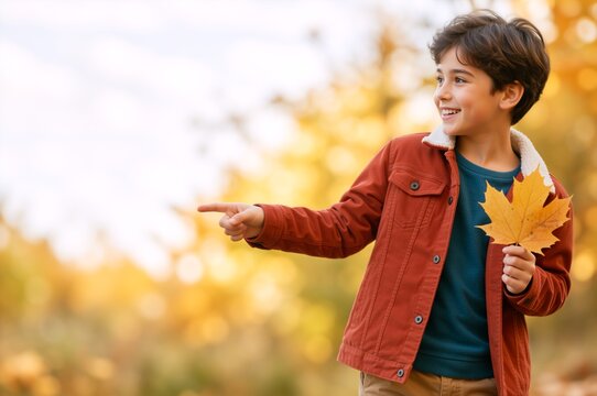 Smiling boy holding autumn leaf and pointing finger outdoors. Happy child in corduroy jacket enjoying fall season in the park. Copy space