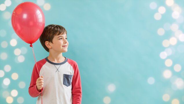 Smiling boy holding red balloon on blue background with bokeh lights. Birthday party celebration concept. Copy space for text