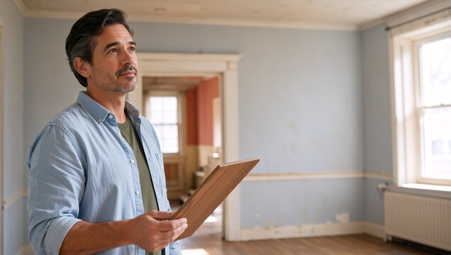 Middle aged man holding wood sample in empty room. Home renovation and interior remodel planning