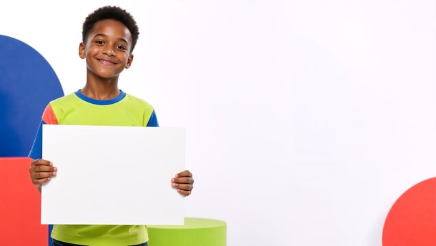 Smiling African American boy holding blank white sign. Studio portrait with copy space for text