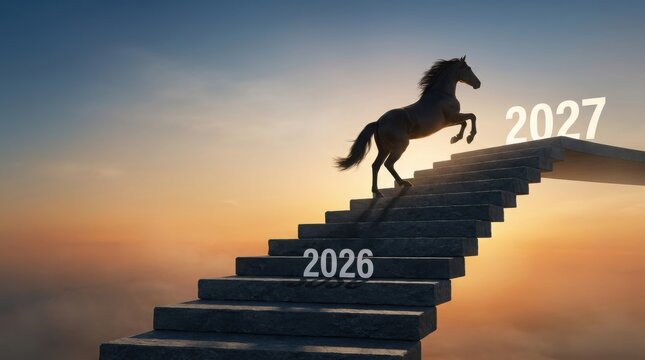 Horse silhouette climbing stairs from 2026 to 2027