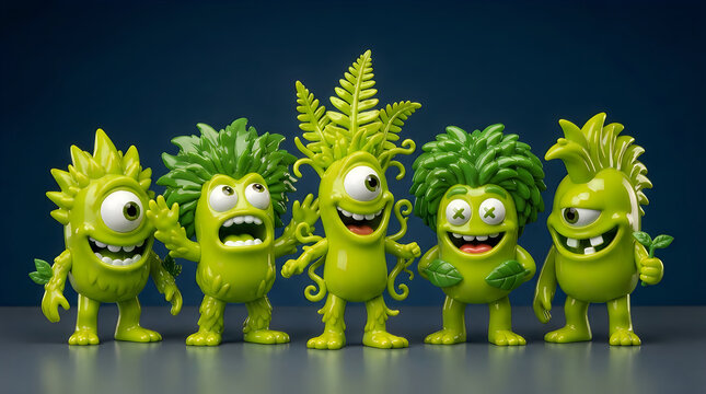 Group of five cute funny green monsters with plants on their heads standing together in a row
